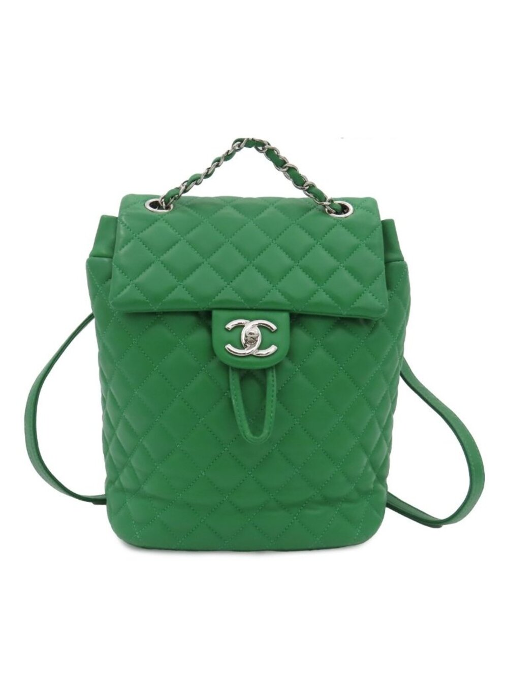 Chanel Chain Backpack Quilted Green Silver Lambskin